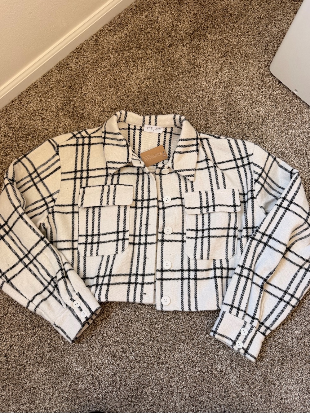 vestique Cream and Black Plaid Teddy Shacket